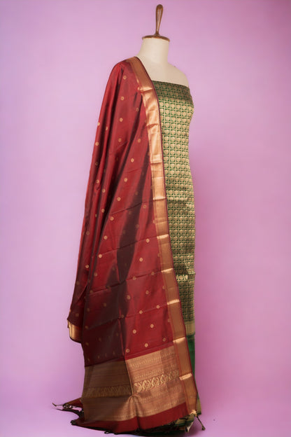Banarasi Silk Checks And Butta Bottle Green Salwar Suit Set