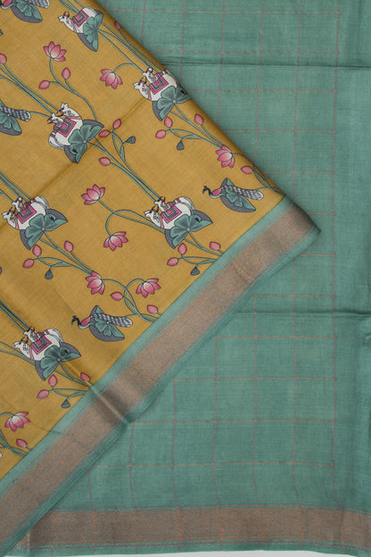 Tussar Pichwai Printed Mustard Yellow Saree