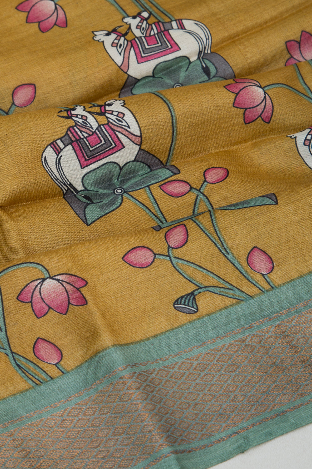 Tussar Pichwai Printed Mustard Yellow Saree