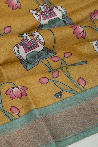 Tussar Pichwai Printed Mustard Yellow Saree