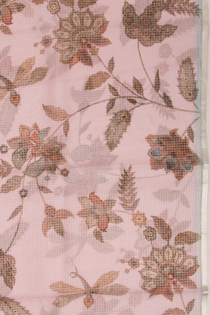Kota Soft Silk Checks And Floral Printed Baby Pink Saree