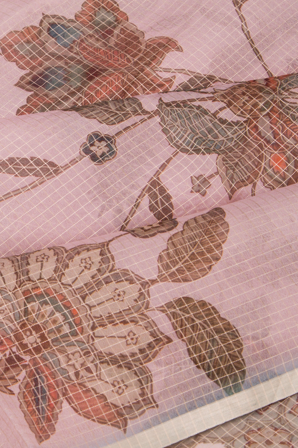 Kota Soft Silk Checks And Floral Printed Baby Pink Saree