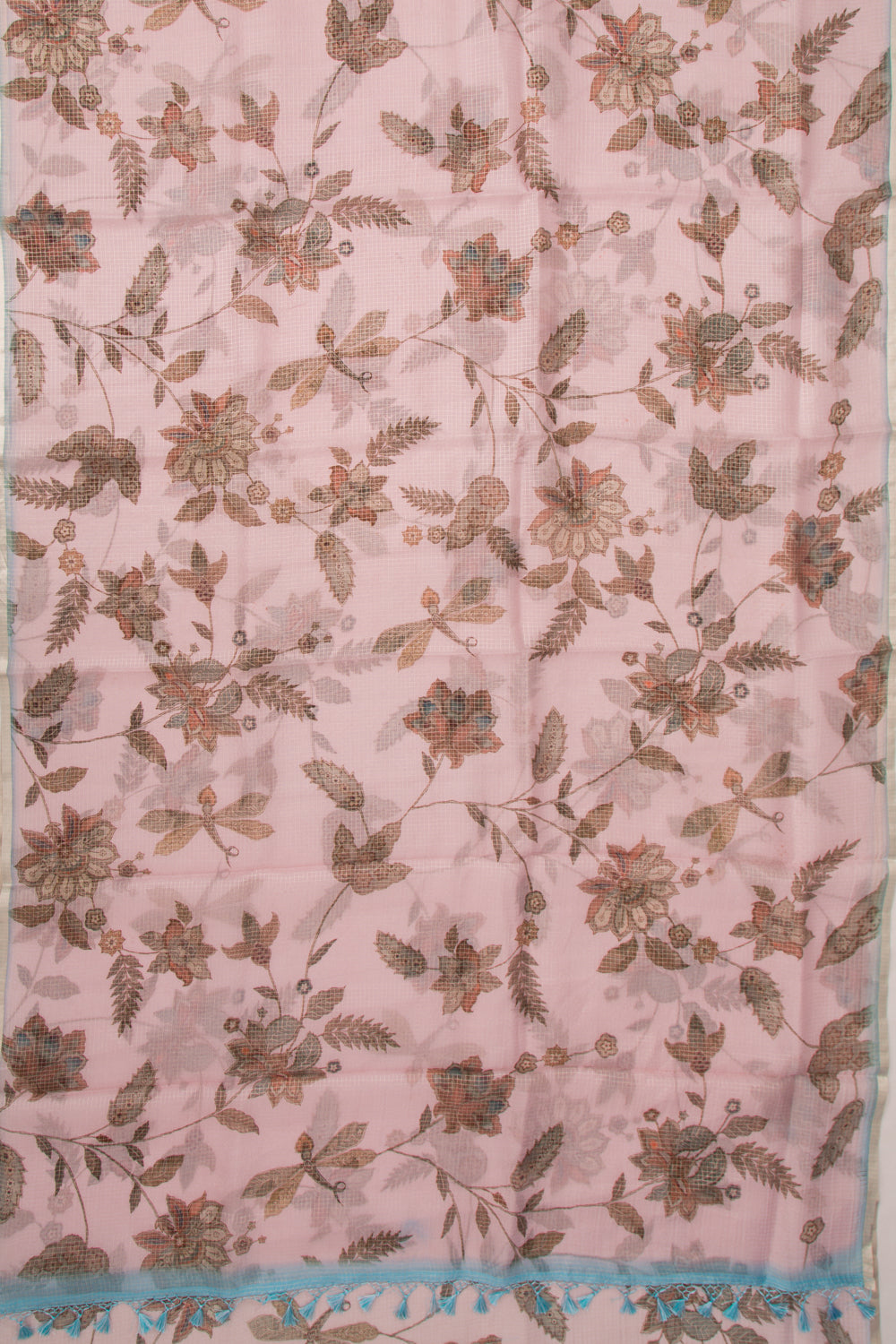 Kota Soft Silk Checks And Floral Printed Baby Pink Saree