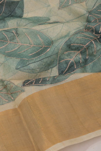 Tussar Printed And Embroidery Cream Saree