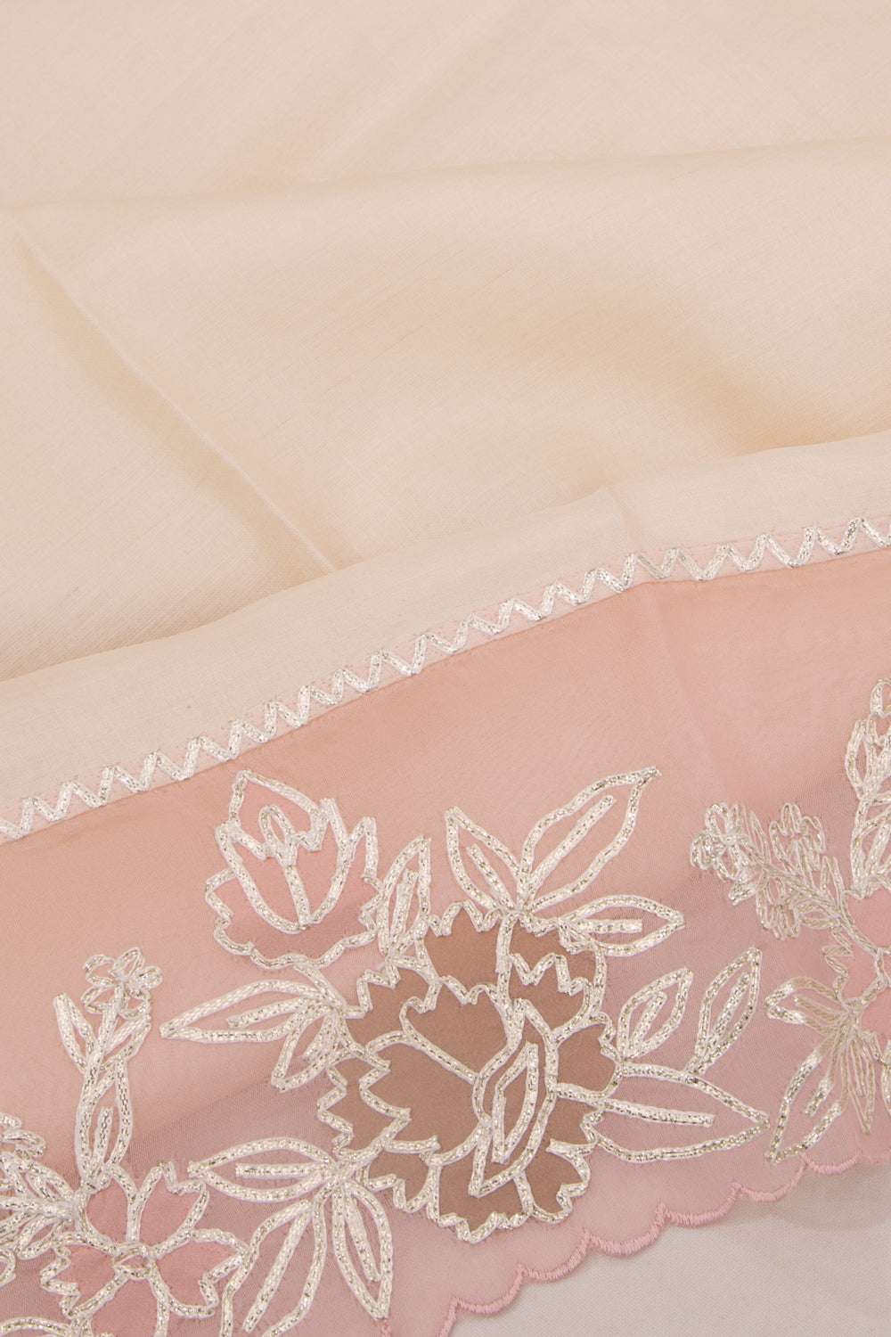 Tussar Plain Cream Saree With Organza Scallop Border