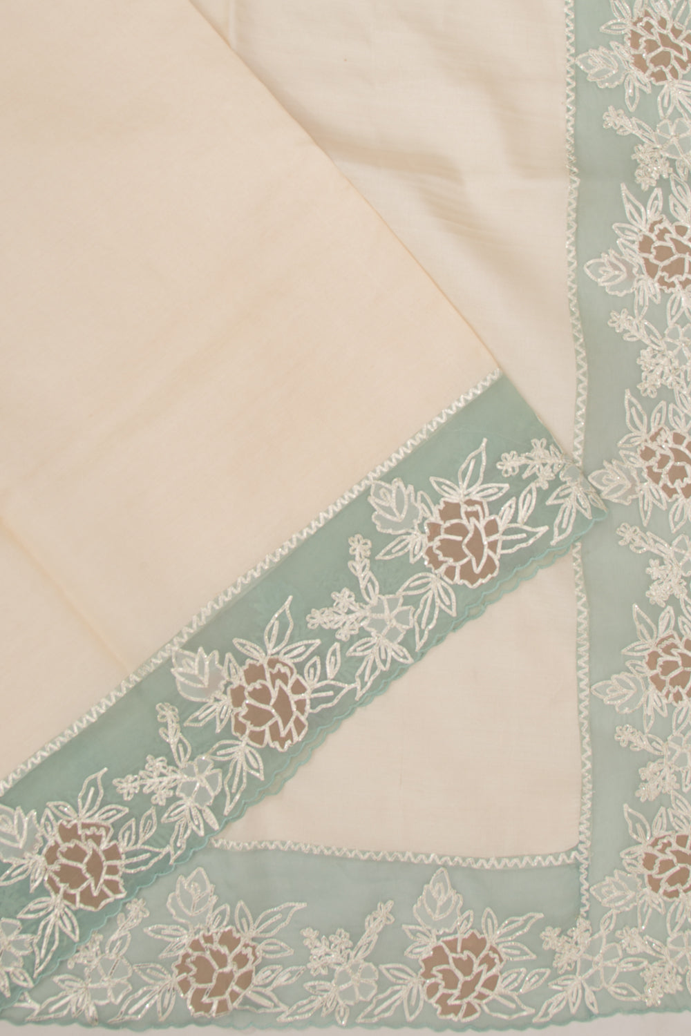 Tussar Plain Cream Saree With Organza Scallop Border