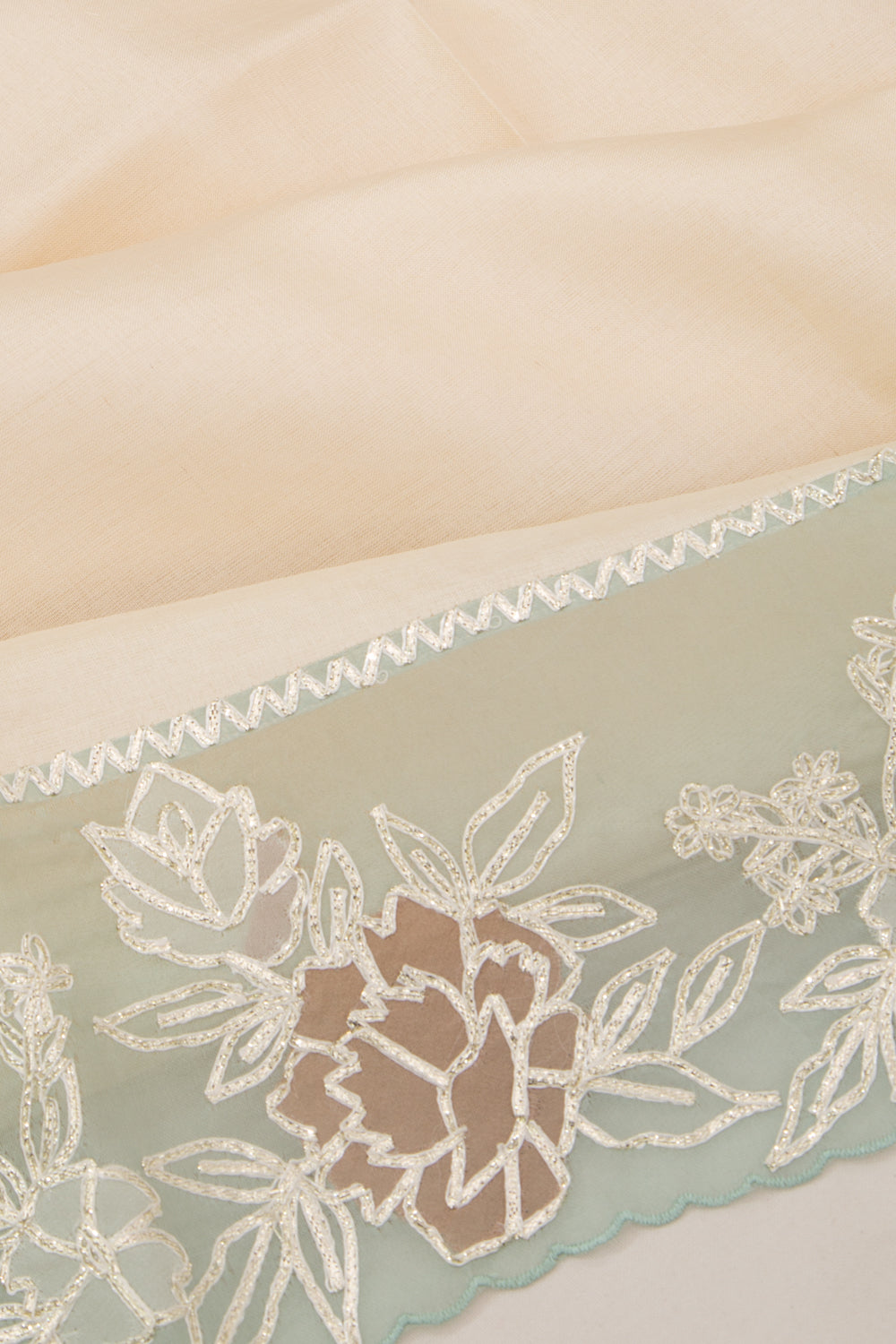 Tussar Plain Cream Saree With Organza Scallop Border