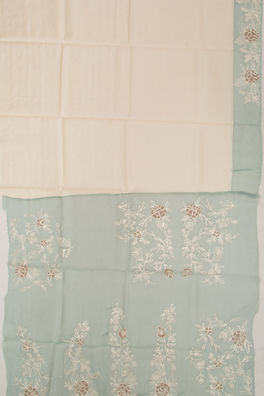 Tussar Plain Cream Saree With Organza Scallop Border