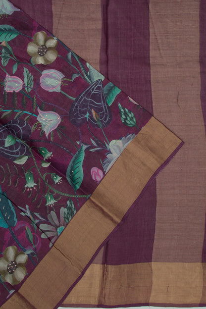 Tussar Floral Printed Purple Saree
