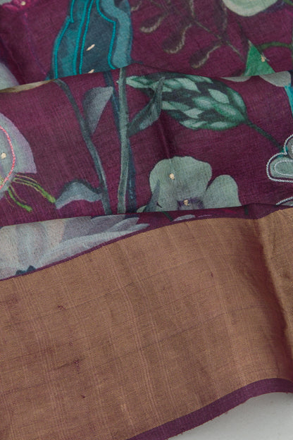 Tussar Floral Printed Purple Saree