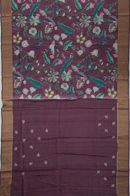 Tussar Floral Printed Purple Saree