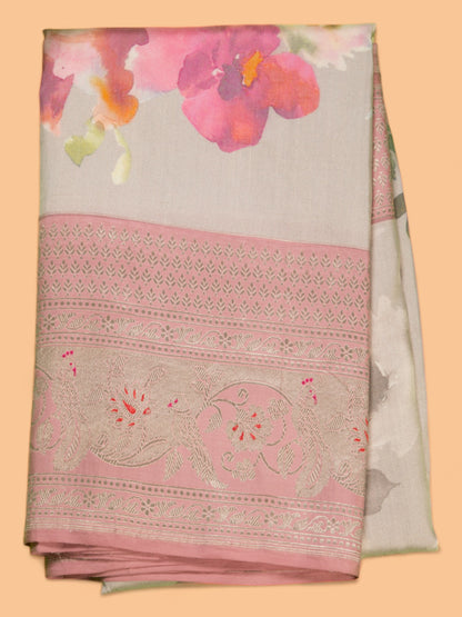 Banarasi Katan Silk Floral Printed Grey Saree