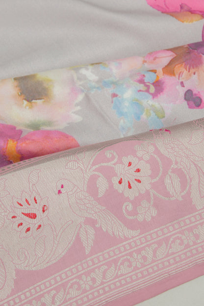Banarasi Katan Silk Floral Printed Grey Saree