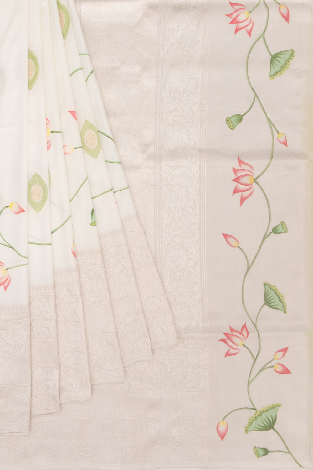 Kanchipuram Silk Pichwai Printed White Saree