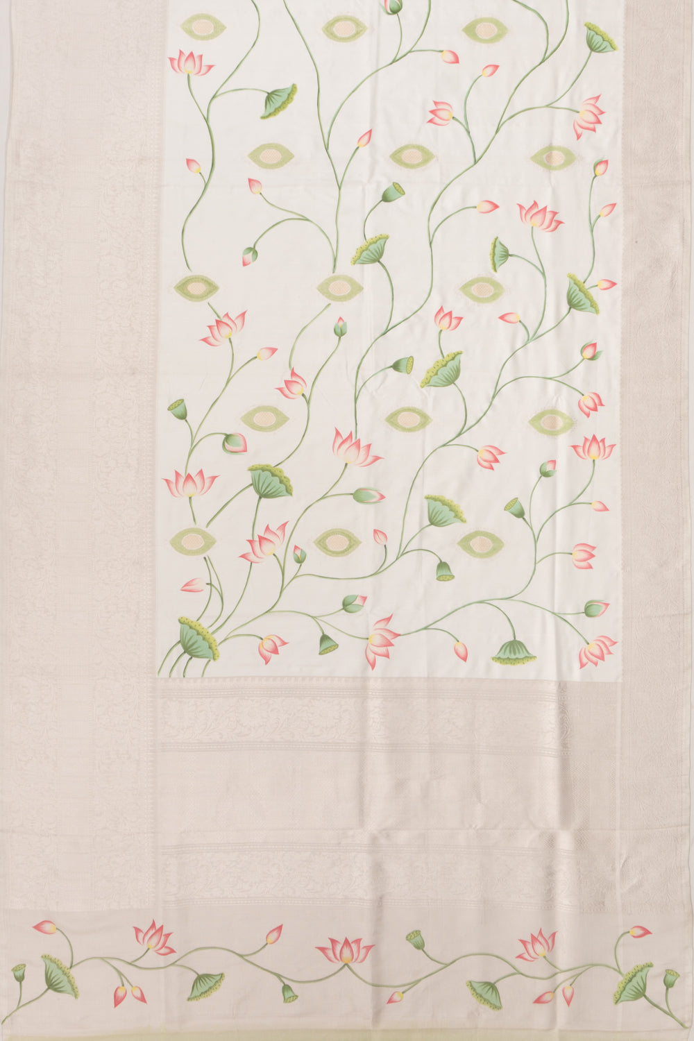 Kanchipuram Silk Pichwai Printed White Saree