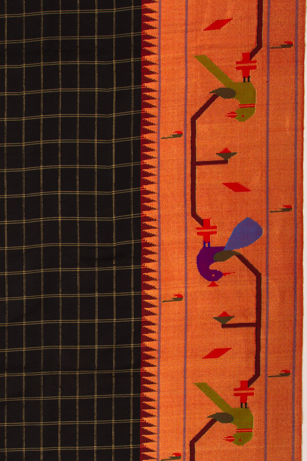 Paithani Silk Checks Black Saree With Akruthi Border
