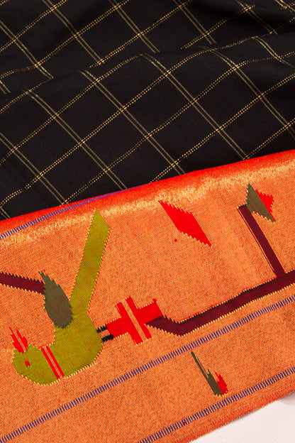 Paithani Silk Checks Black Saree With Akruthi Border
