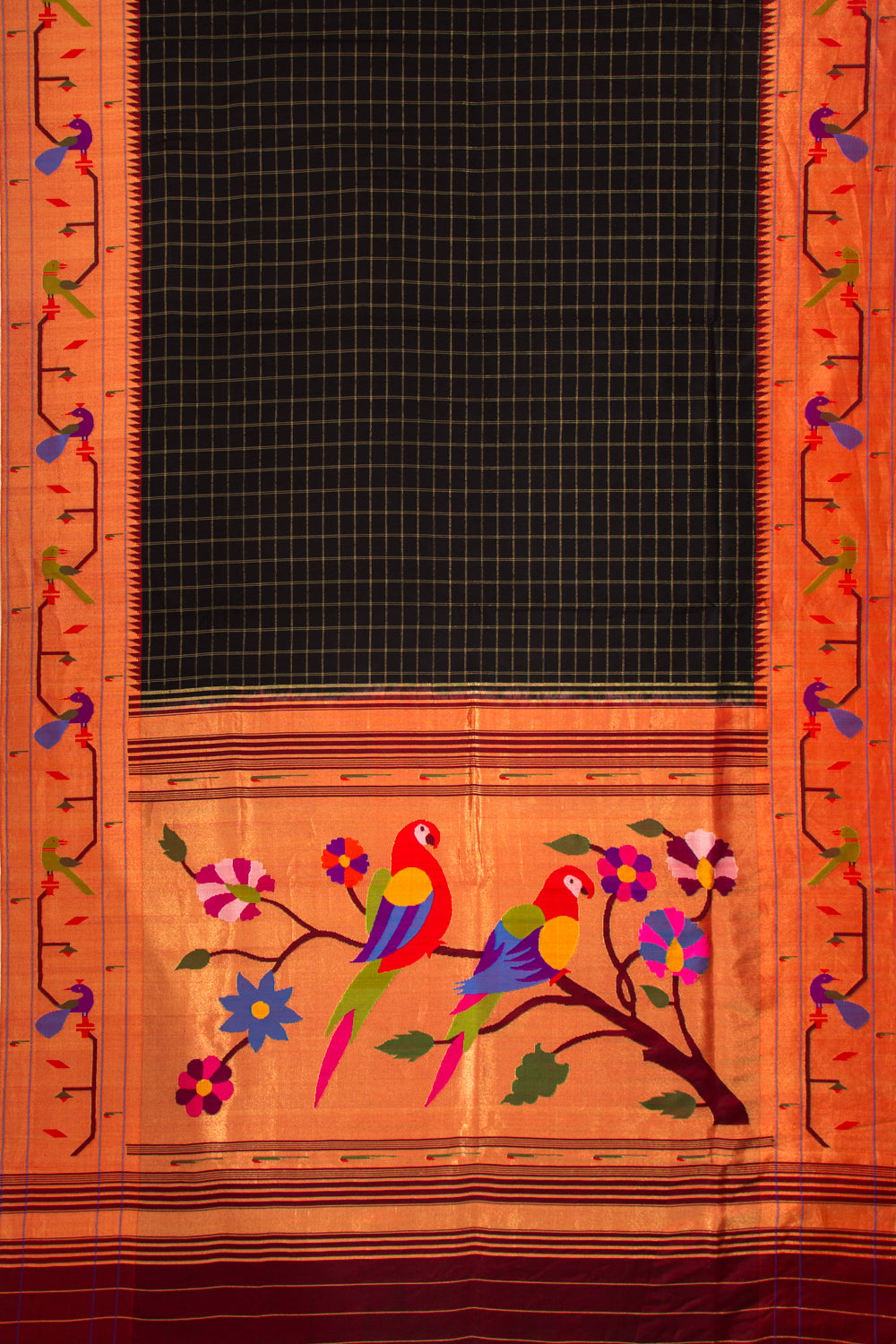 Paithani Silk Checks Black Saree With Akruthi Border