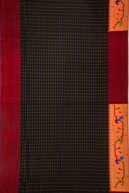 Paithani Silk Checks Black Saree With Akruthi Border