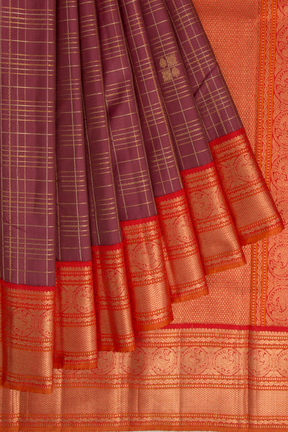 Kanchipuram Silk Checks And Butta Brown Saree