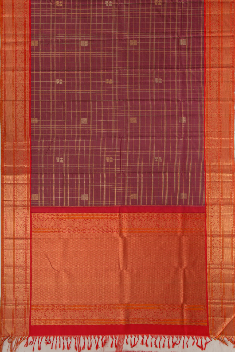Kanchipuram Silk Checks And Butta Brown Saree