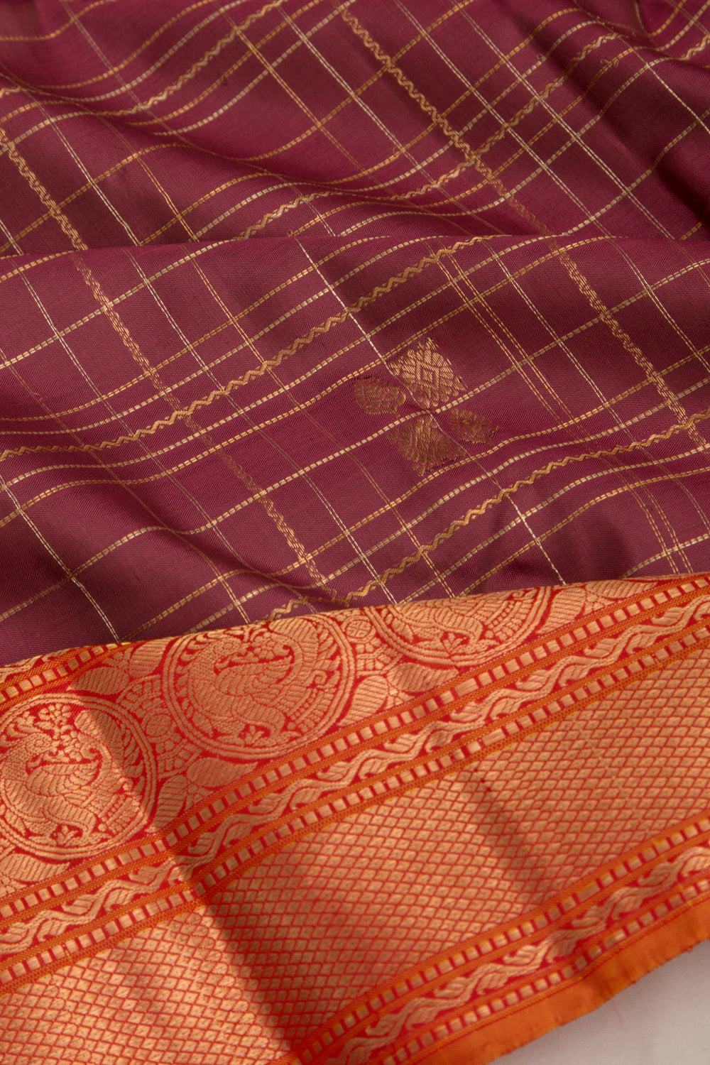 Kanchipuram Silk Checks And Butta Brown Saree