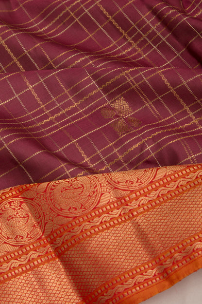 Kanchipuram Silk Checks And Butta Brown Saree