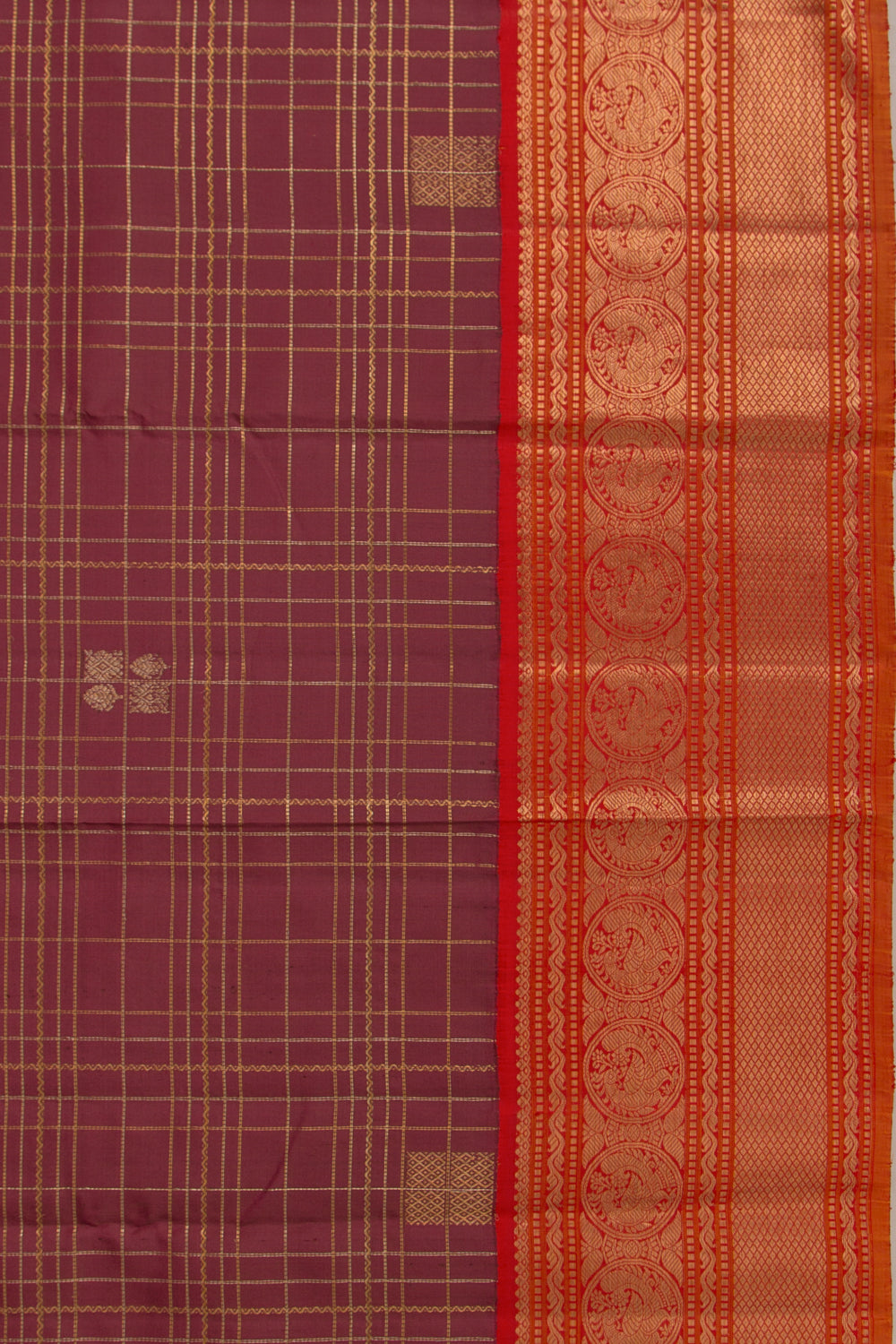 Kanchipuram Silk Checks And Butta Brown Saree