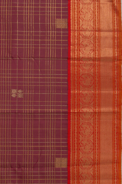 Kanchipuram Silk Checks And Butta Brown Saree