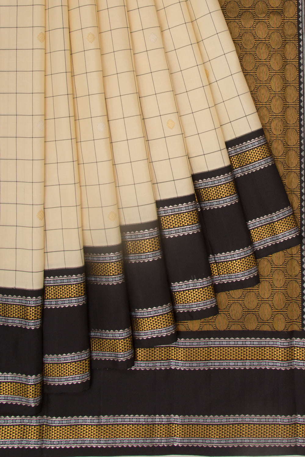 Kanchipuram Silk Checks And Butta Cream Saree
