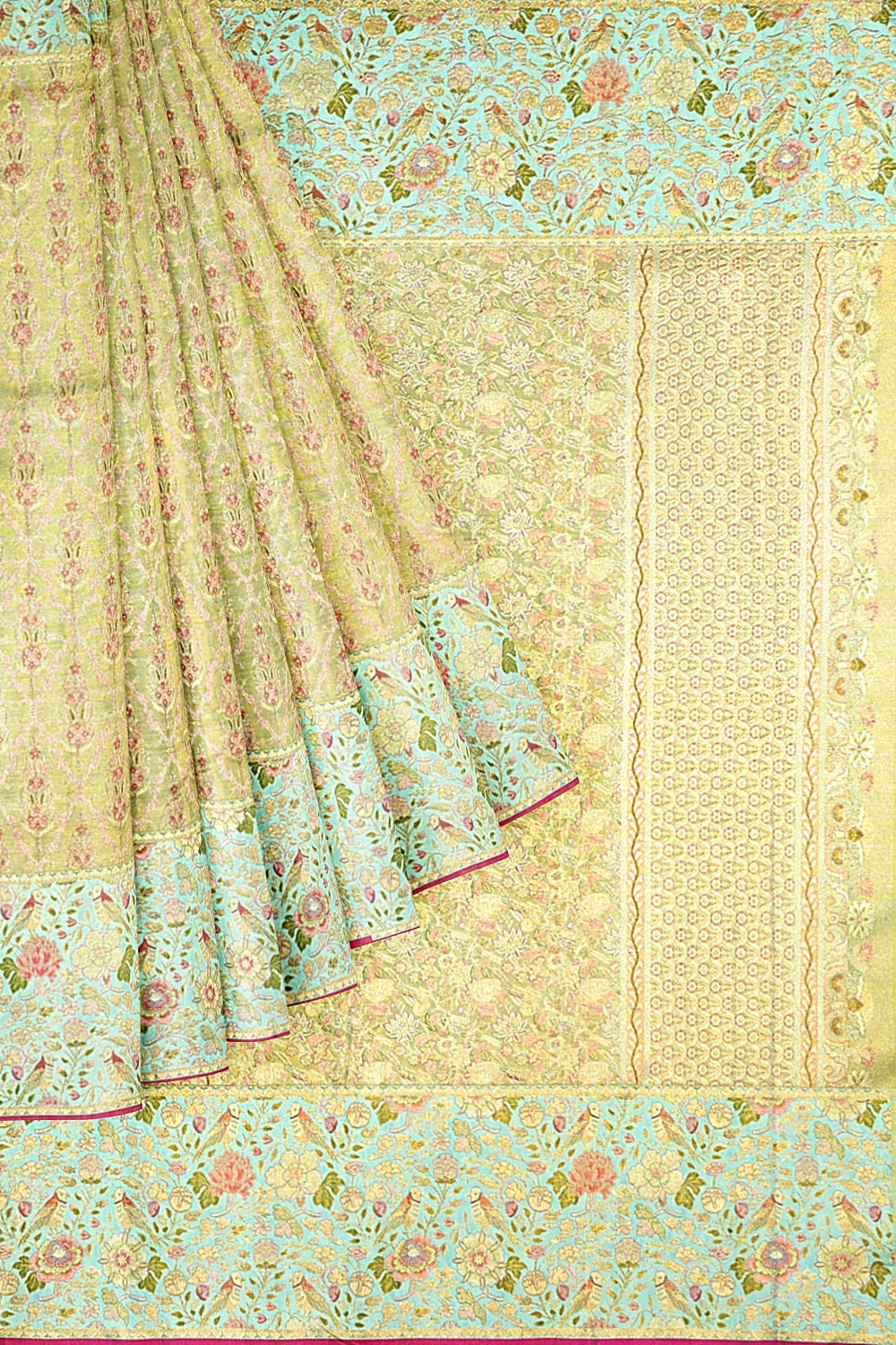 Kanchipuram Silk Tissue Jaal And Butta Green Saree - Not Allowed Online