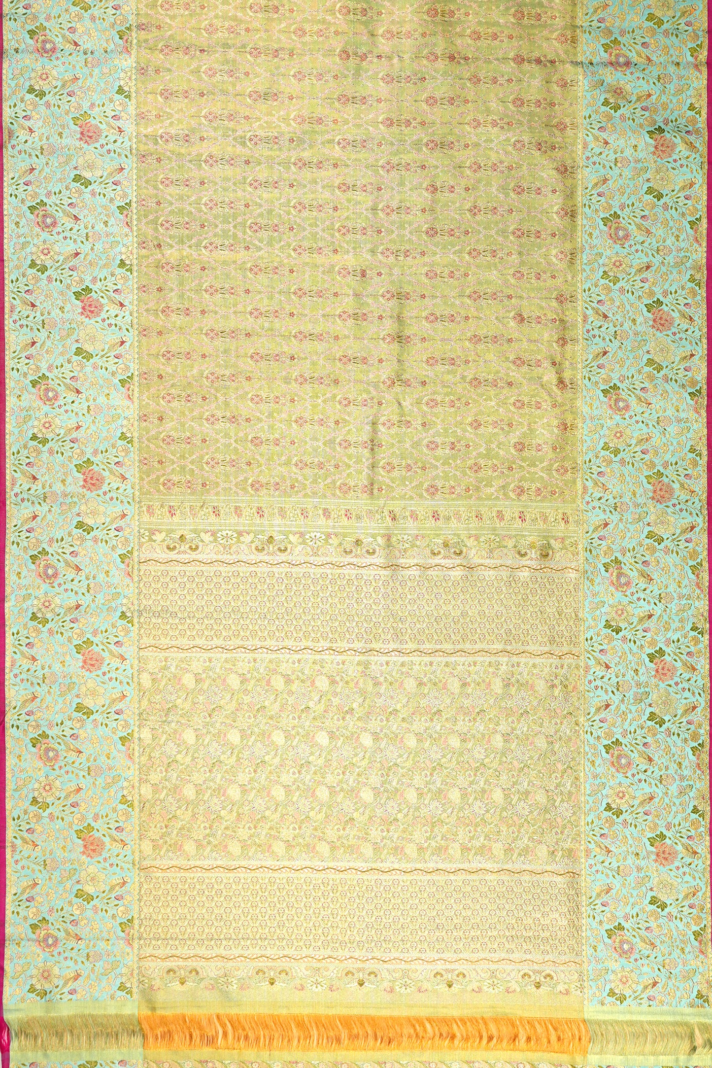 Kanchipuram Silk Tissue Jaal And Butta Green Saree - Not Allowed Online