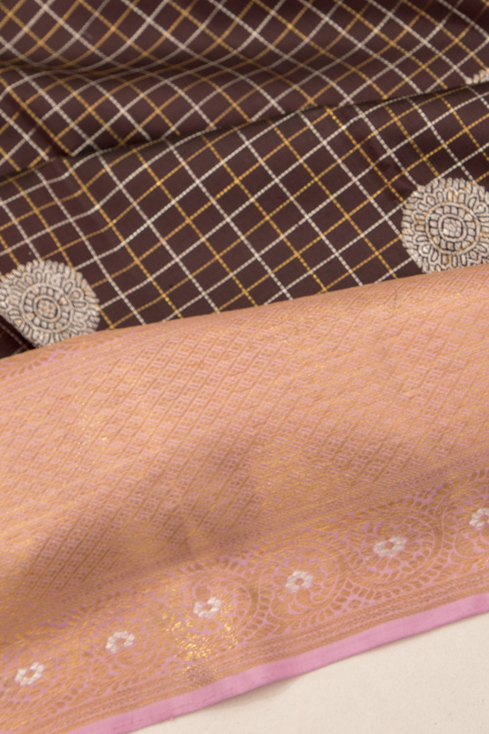 Kanchipuram Silk Checks And Butta Choco Brown Saree
