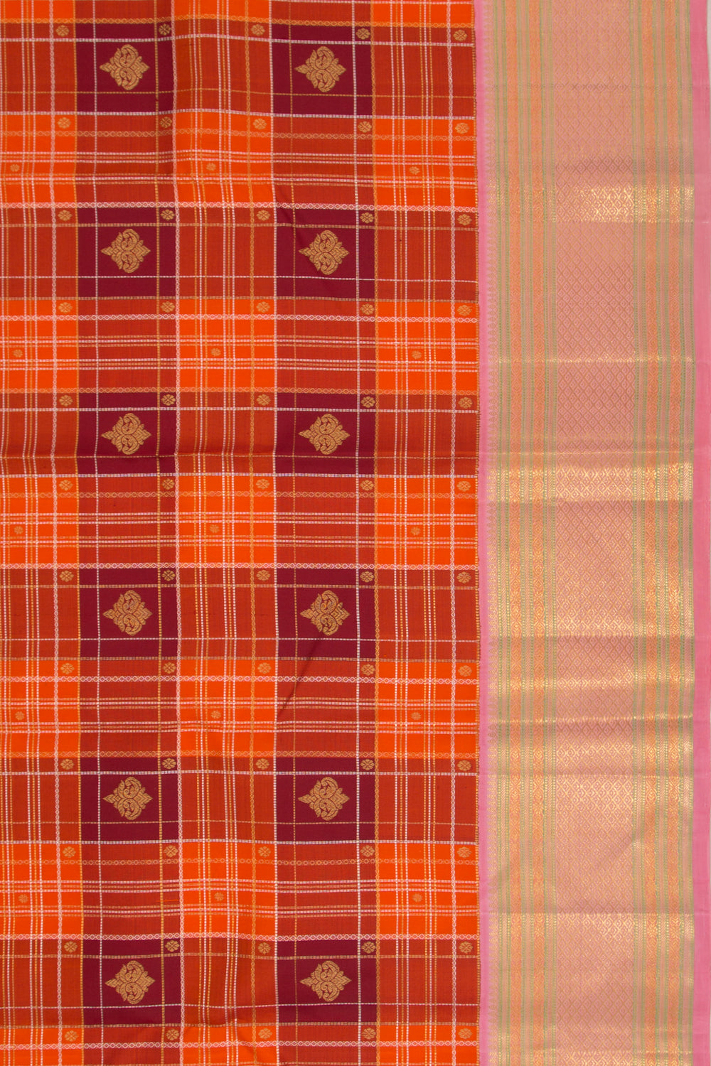 Kanchipuram Silk Checks And Butta Orange Saree
