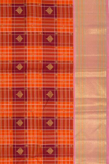 Kanchipuram Silk Checks And Butta Orange Saree