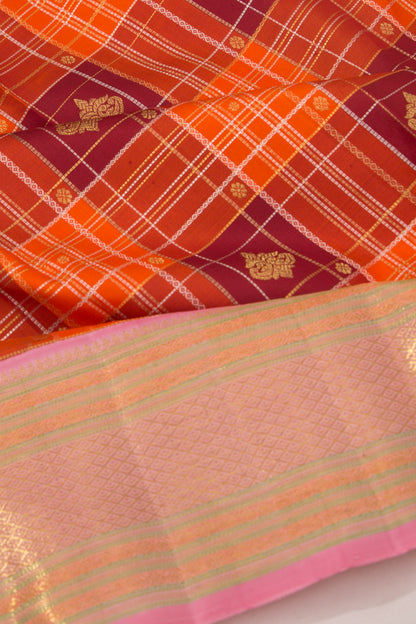 Kanchipuram Silk Checks And Butta Orange Saree