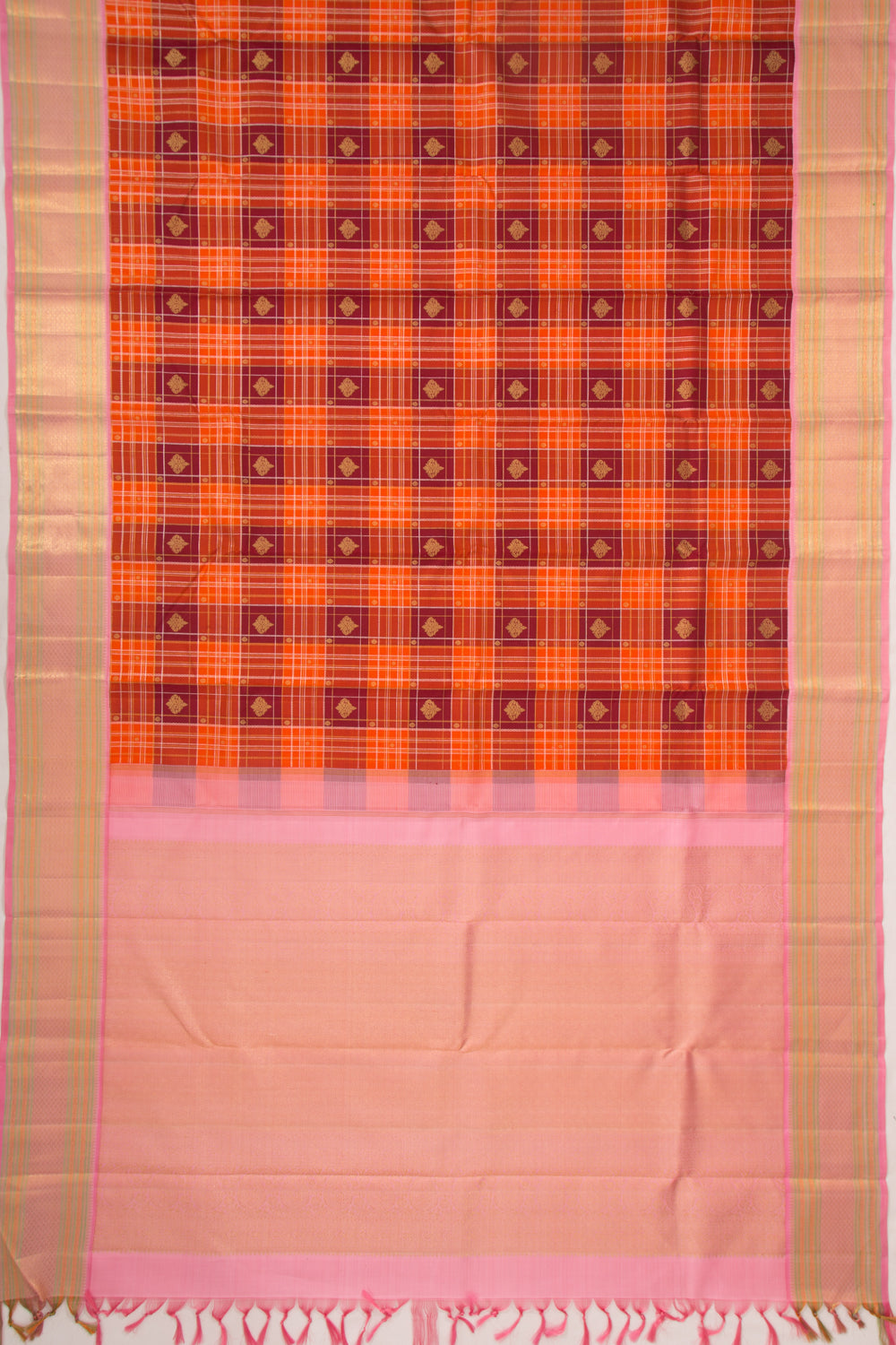 Kanchipuram Silk Checks And Butta Orange Saree
