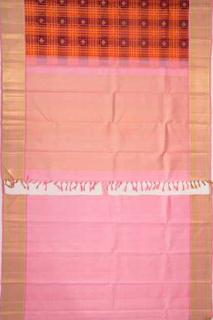 Kanchipuram Silk Checks And Butta Orange Saree