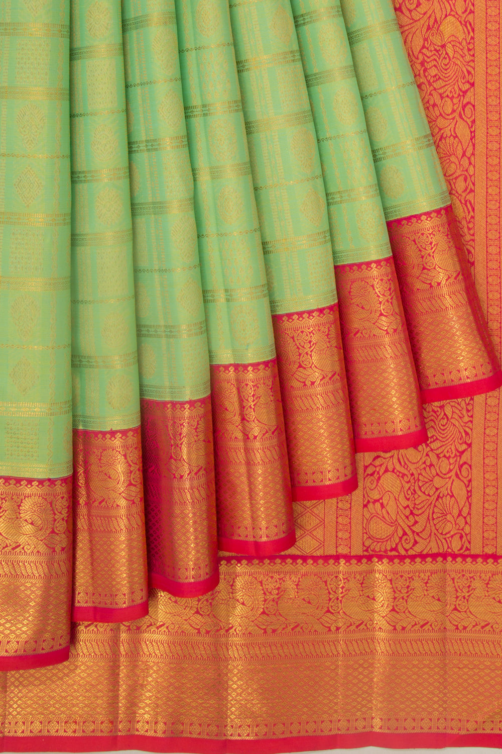 Kanchipuram Silk Checks And Butta Green Saree