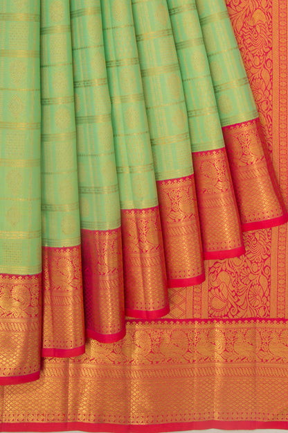 Kanchipuram Silk Checks And Butta Green Saree