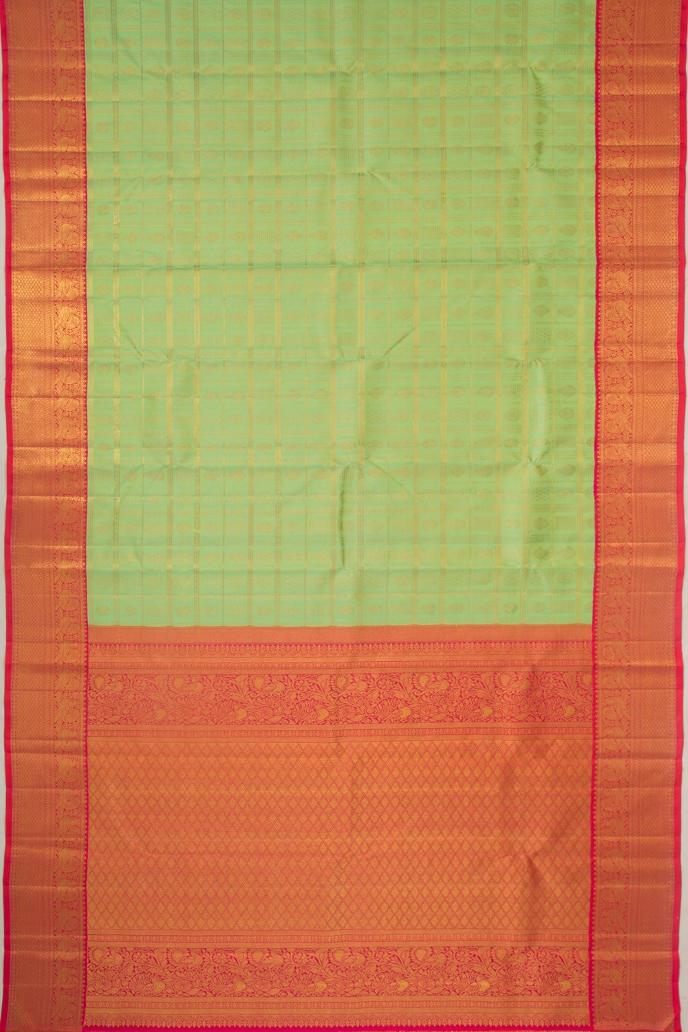 Kanchipuram Silk Checks And Butta Green Saree