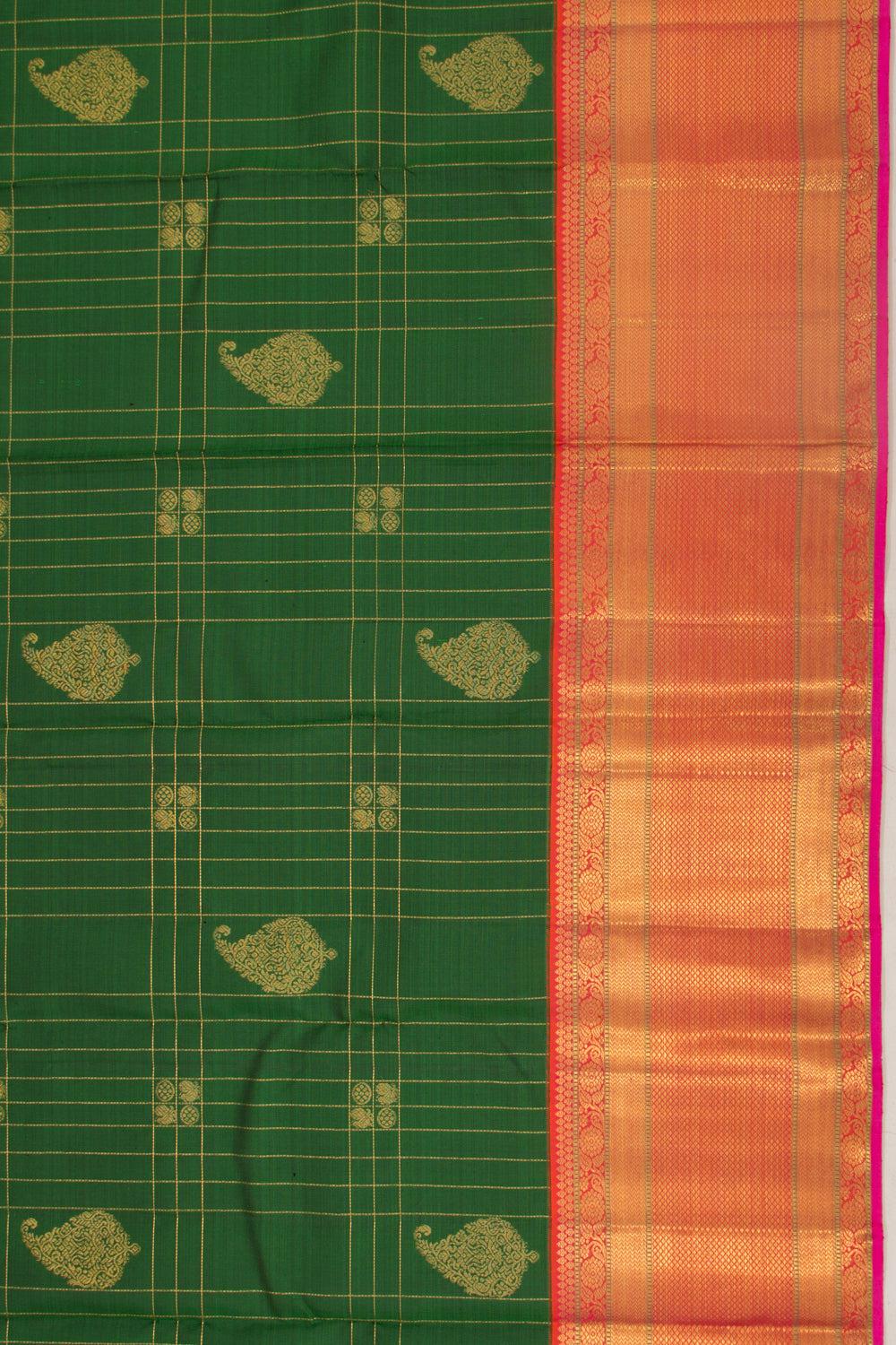 Kanchipuram Silk Checks And Butta Dark Green Saree