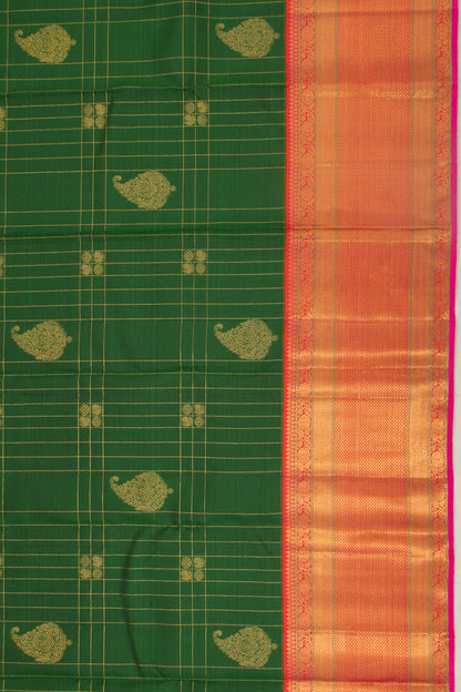 Kanchipuram Silk Checks And Butta Dark Green Saree