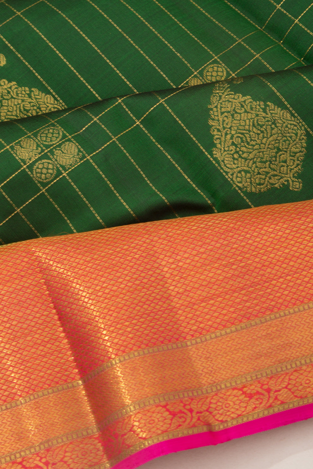 Kanchipuram Silk Checks And Butta Dark Green Saree