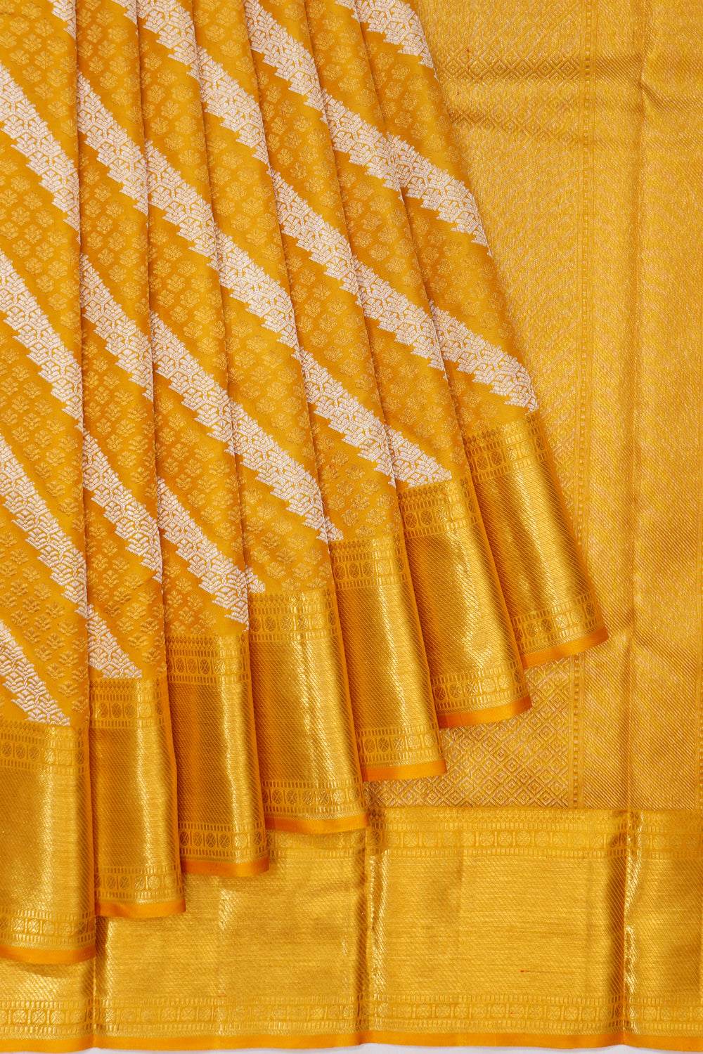 Kanchipuram Silk Diagonal Lines Mustard Yellow Saree