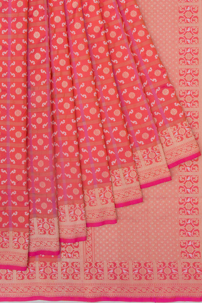 Banarasi Silk Checks And Butta Dual Tone Pink And Orange Saree