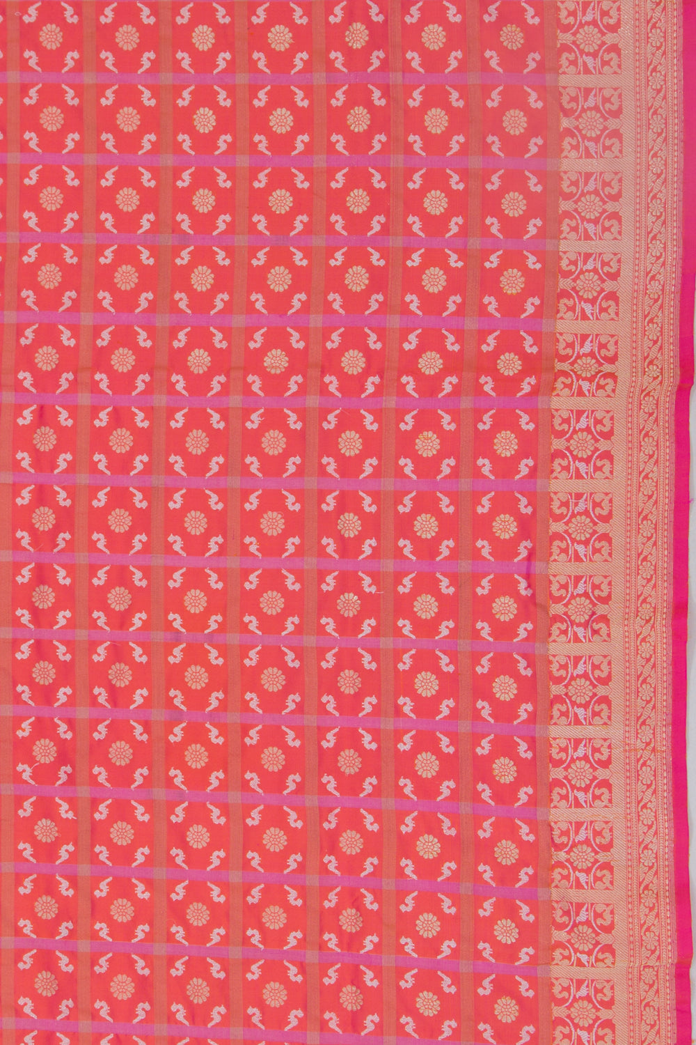 Banarasi Silk Checks And Butta Dual Tone Pink And Orange Saree