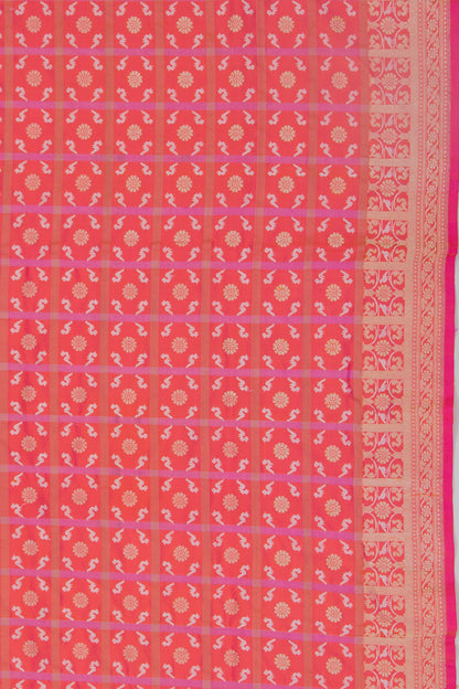 Banarasi Silk Checks And Butta Dual Tone Pink And Orange Saree