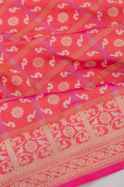 Banarasi Silk Checks And Butta Dual Tone Pink And Orange Saree