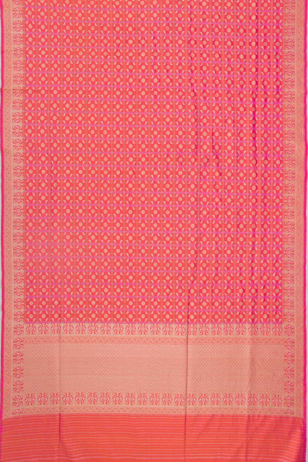 Banarasi Silk Checks And Butta Dual Tone Pink And Orange Saree